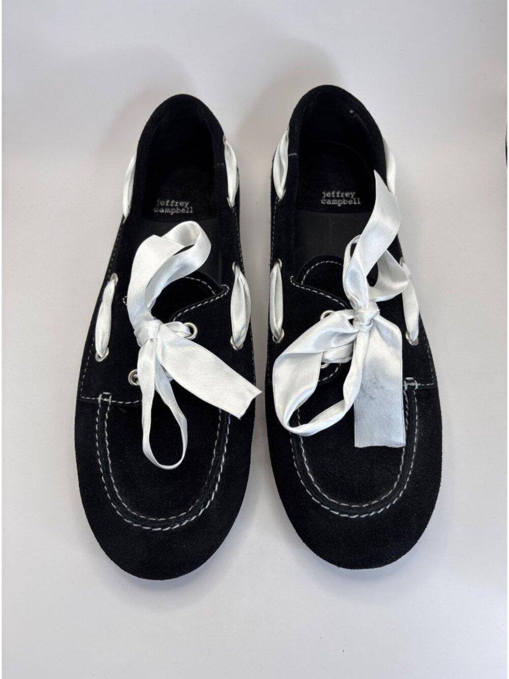 Jeffrey Campbell Suede Bow Boast Boat Loafer Shoes Black White Ribbon Size 10